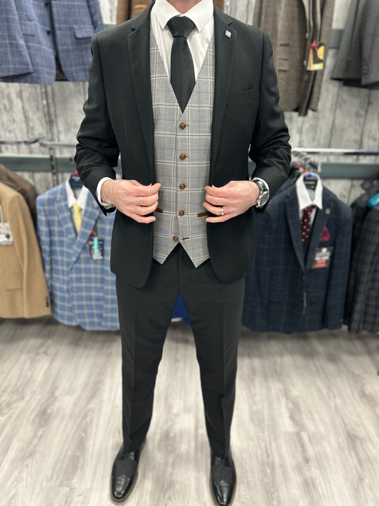Parker black 2 piece with francis light grey waistcoat suit for hire