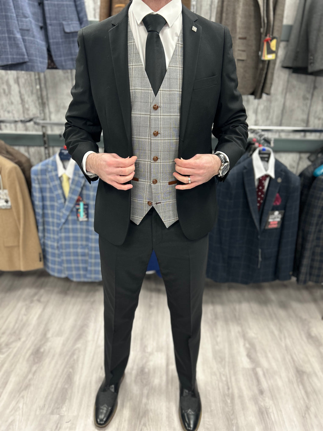 Parker black 2 piece with francis light grey waistcoat suit for hire