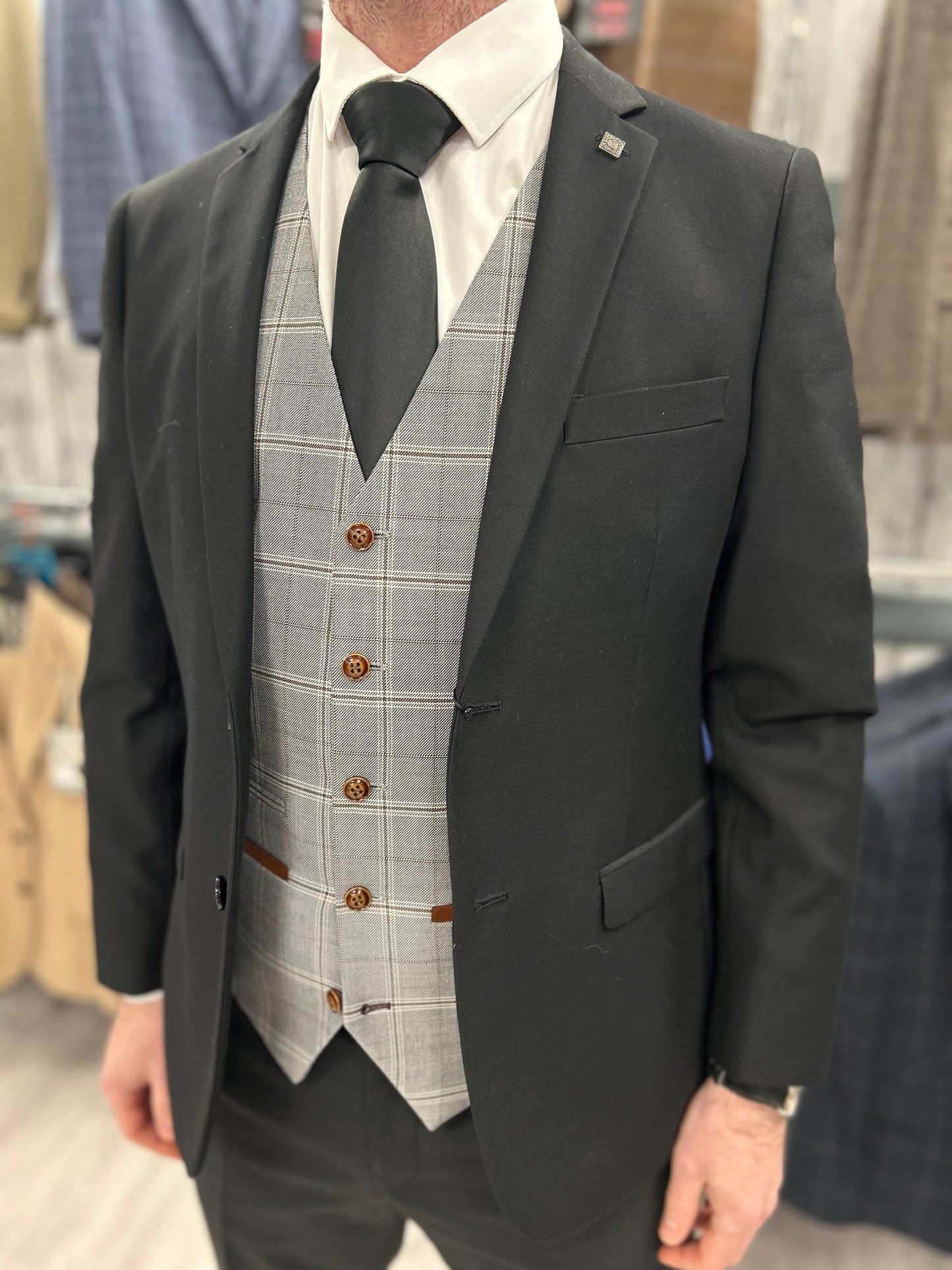 Parker black 2 piece with francis light grey waistcoat suit for hire