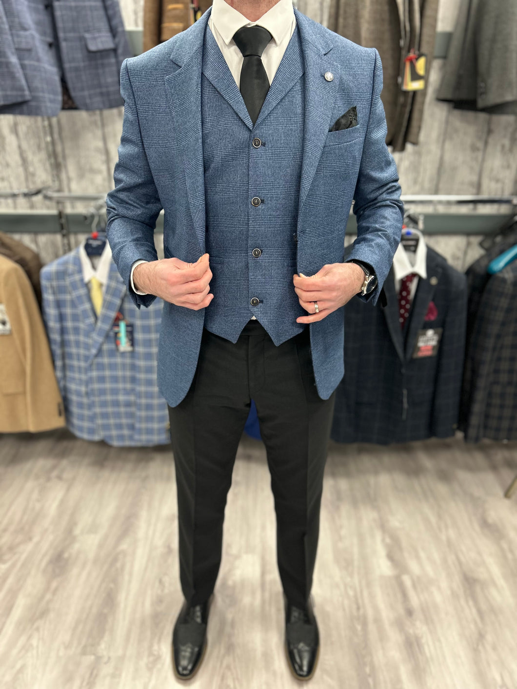 Prince Of Wales Blue Jacket & Waistcoat - Black Trousers