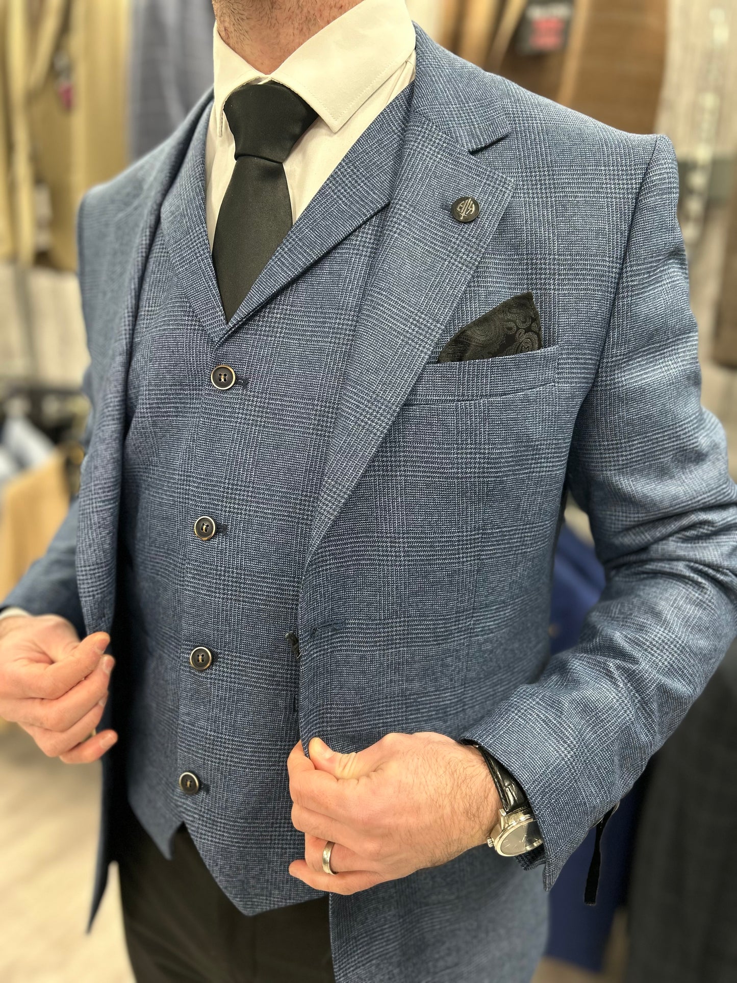 Prince Of Wales Blue Jacket & Waistcoat - Black Trousers