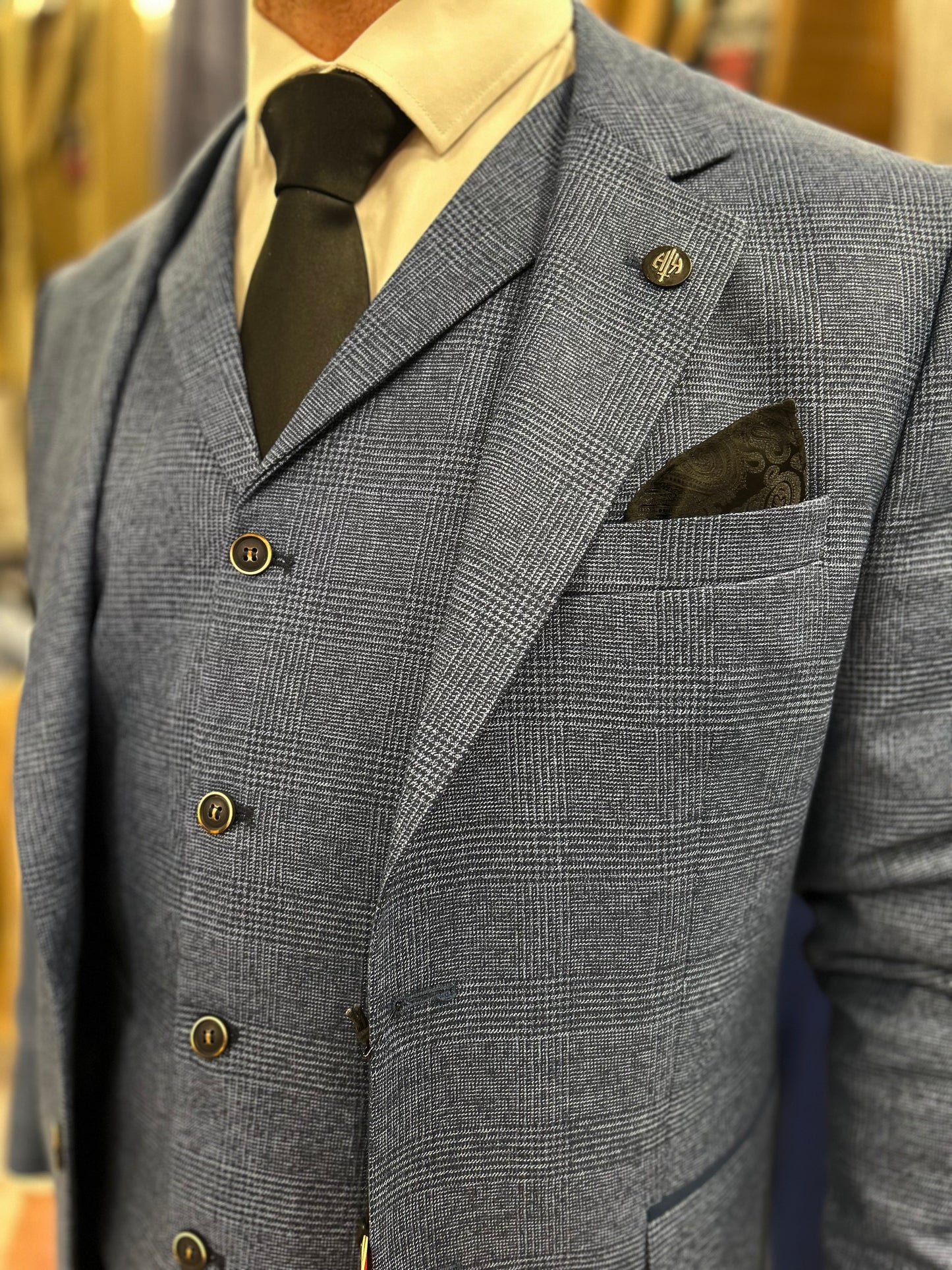 Prince Of Wales Blue Jacket & Waistcoat - Black Trousers