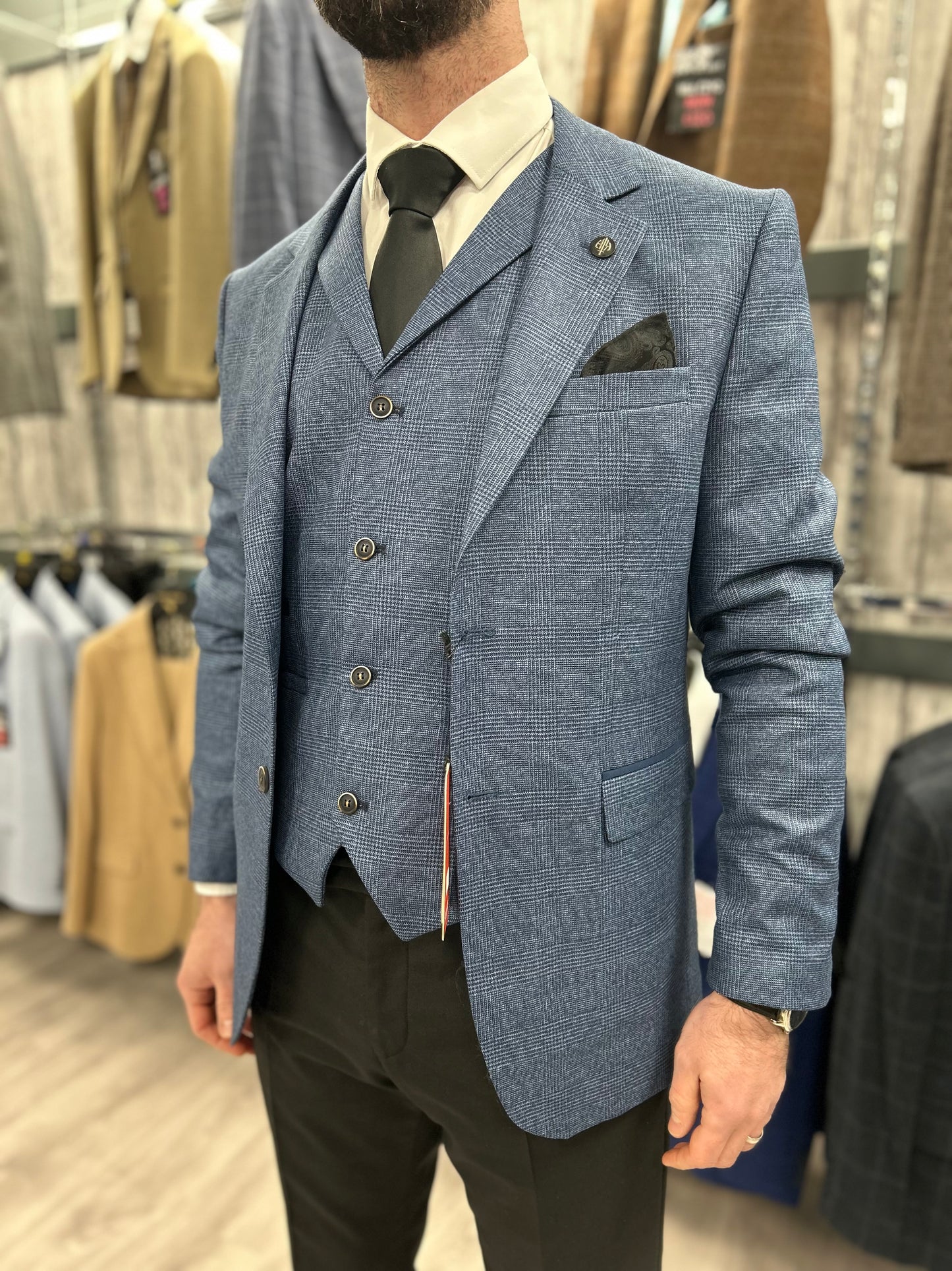 Prince Of Wales Blue Jacket & Waistcoat - Black Trousers