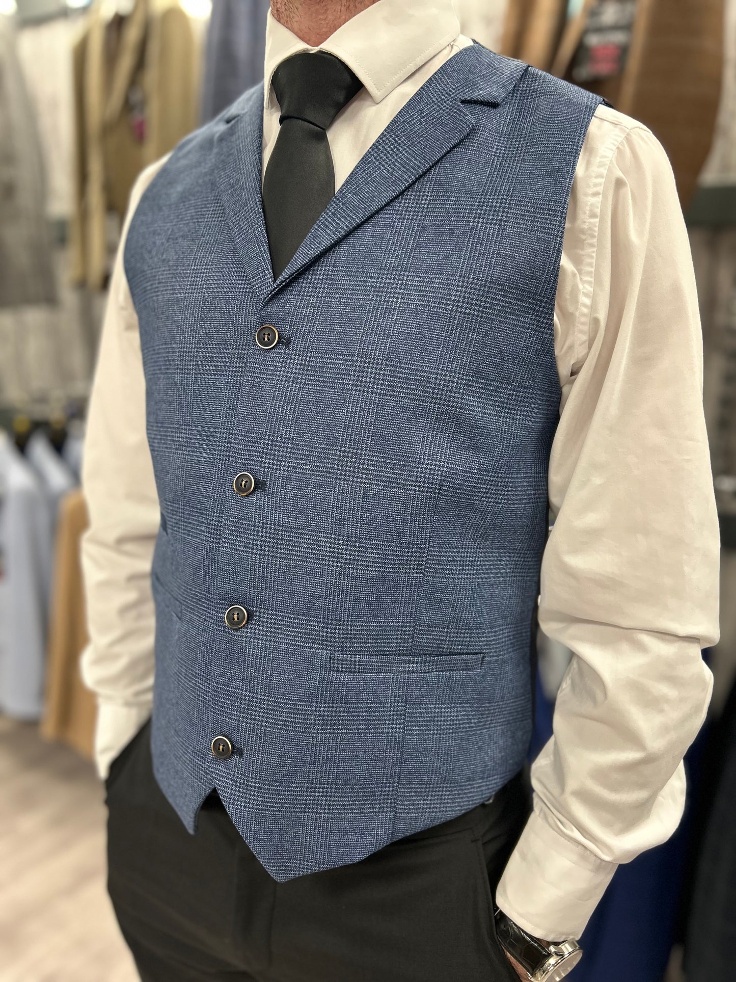 Prince Of Wales Blue Jacket & Waistcoat - Black Trousers