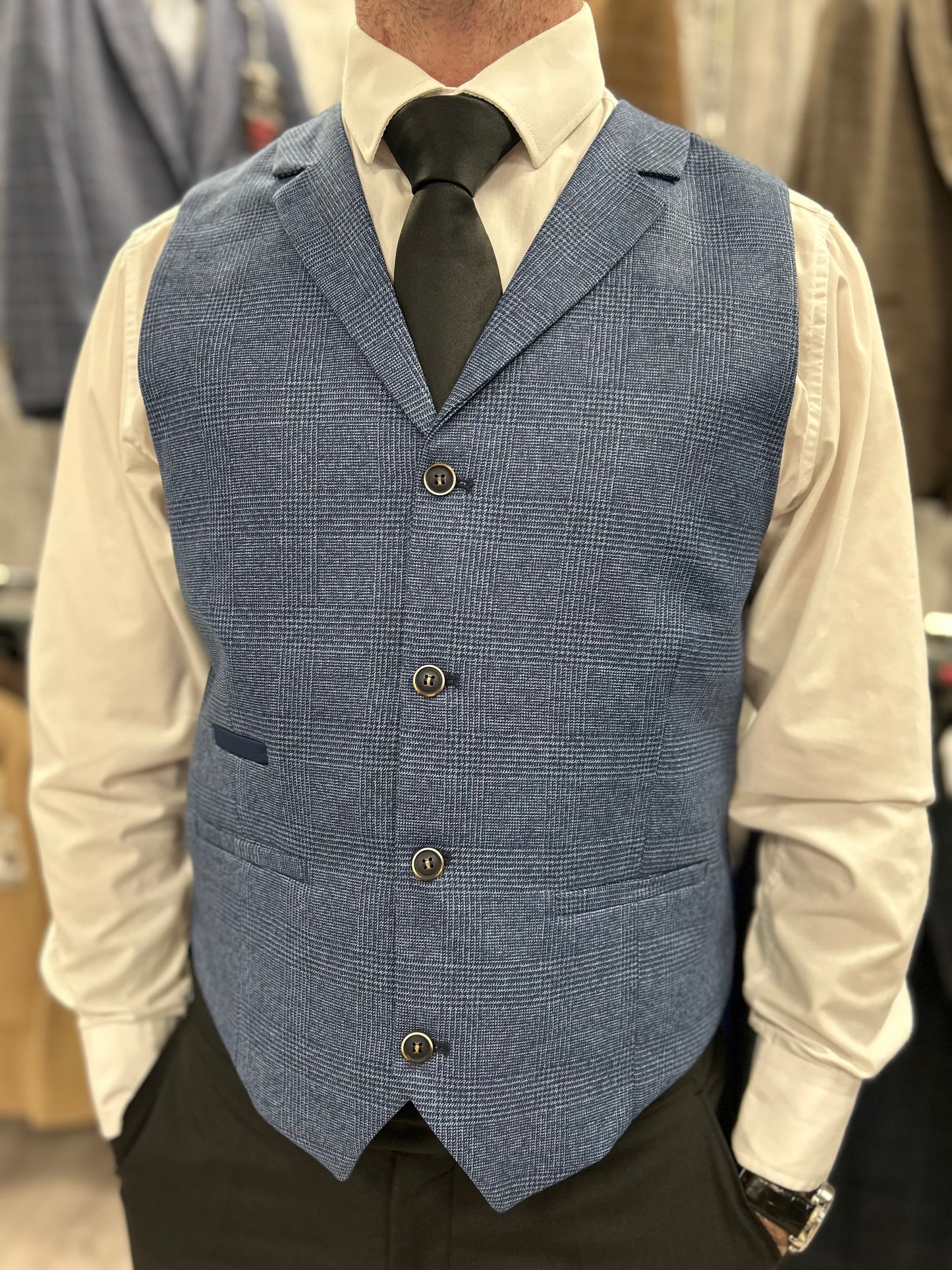 Prince Of Wales Blue Jacket & Waistcoat - Black Trousers