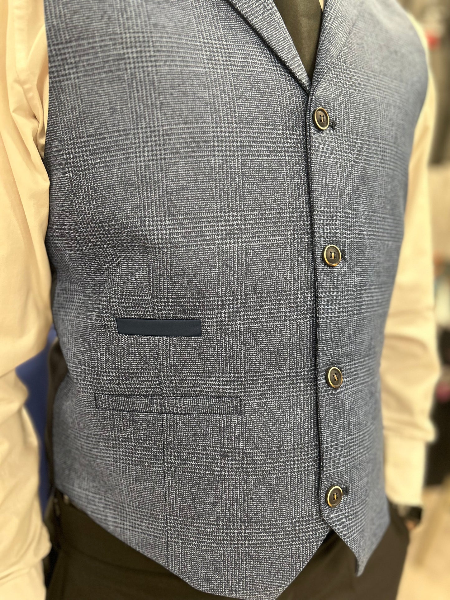 Prince Of Wales Blue Jacket & Waistcoat - Black Trousers