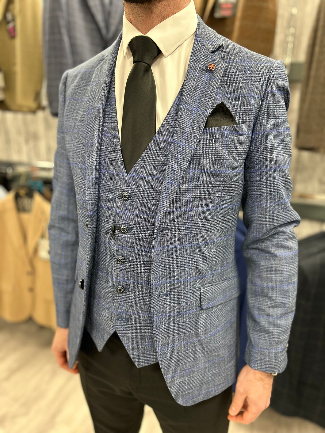 Phantom Blue 3 Piece Suit With Black Trouser
