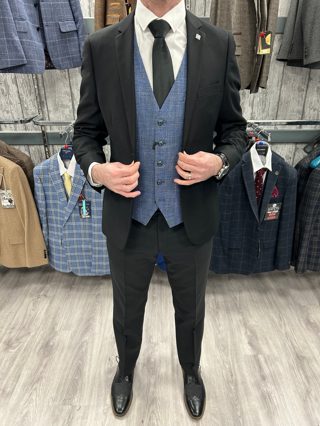 Parker black 2 piece with Phantom blue waistcoat suit for hire