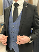 Load image into Gallery viewer, Parker black 2 piece with Phantom blue waistcoat suit for hire
