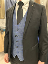 Load image into Gallery viewer, Parker black 2 piece with Phantom blue waistcoat suit for hire
