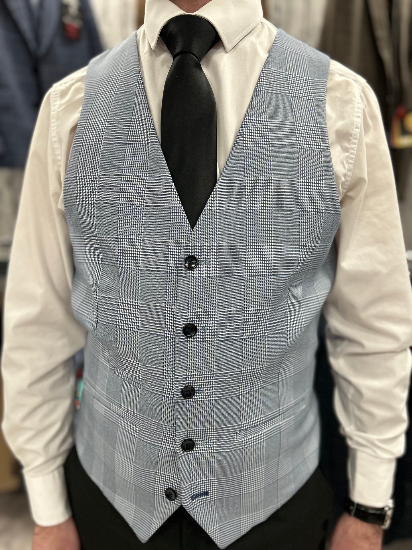 Parker black 2 piece with Mark sky blue checked waistcoat suit for hire