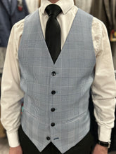 Load image into Gallery viewer, Parker black 2 piece with Mark sky blue checked waistcoat suit for hire
