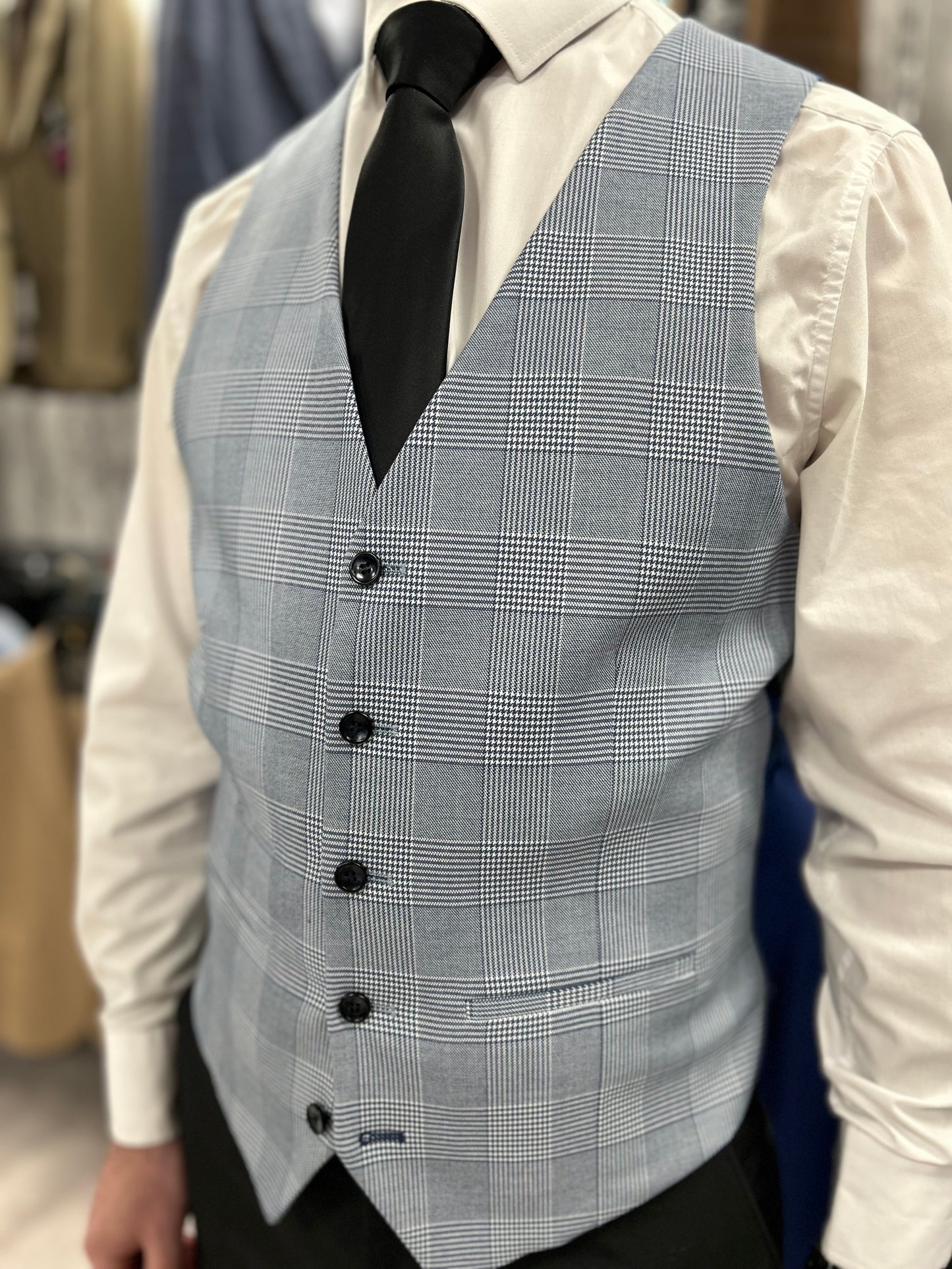 Parker black 2 piece with Mark sky blue checked waistcoat suit for hire