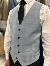 Load image into Gallery viewer, Parker black 2 piece with Mark sky blue checked waistcoat suit for hire
