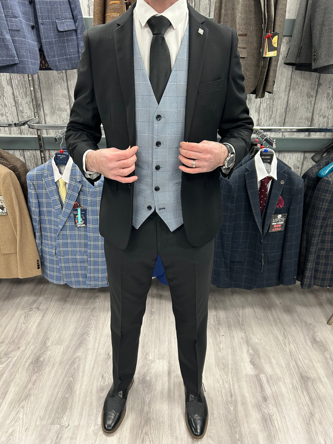Parker black 2 piece with Mark sky blue checked waistcoat suit for hire