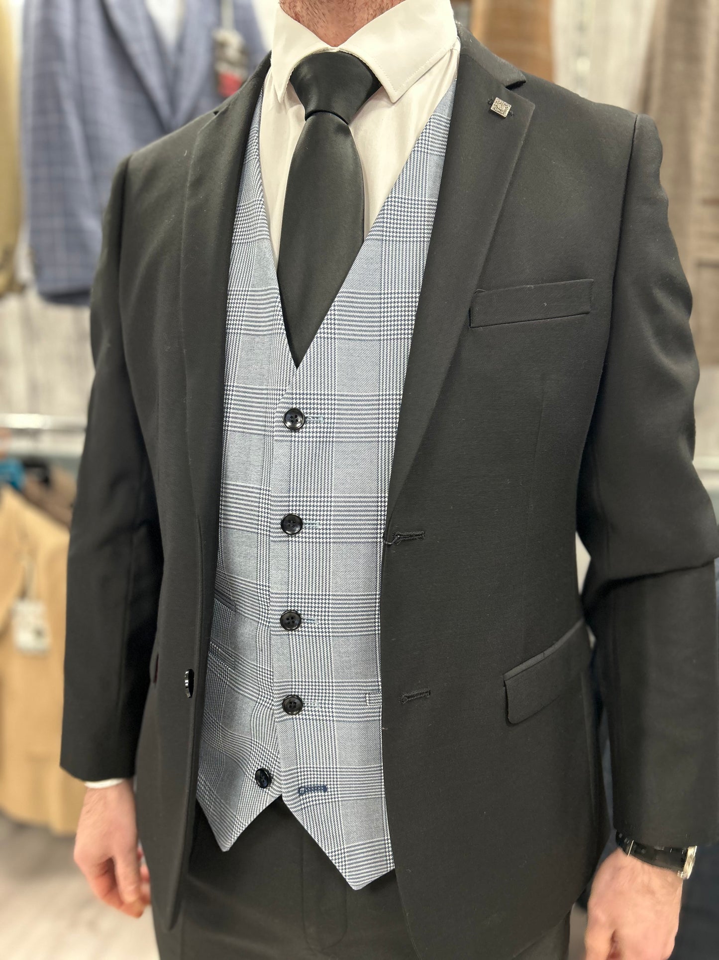 Parker black 2 piece with Mark sky blue checked waistcoat suit for hire