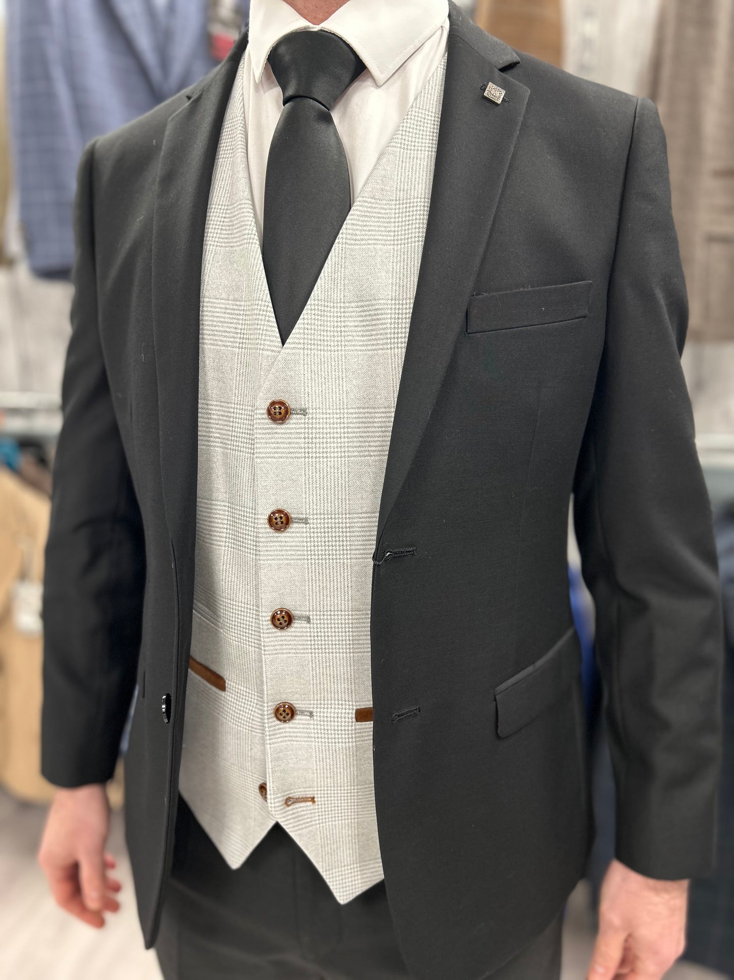 Parker black 2 piece with Mark Stone waistcoat suit for hire