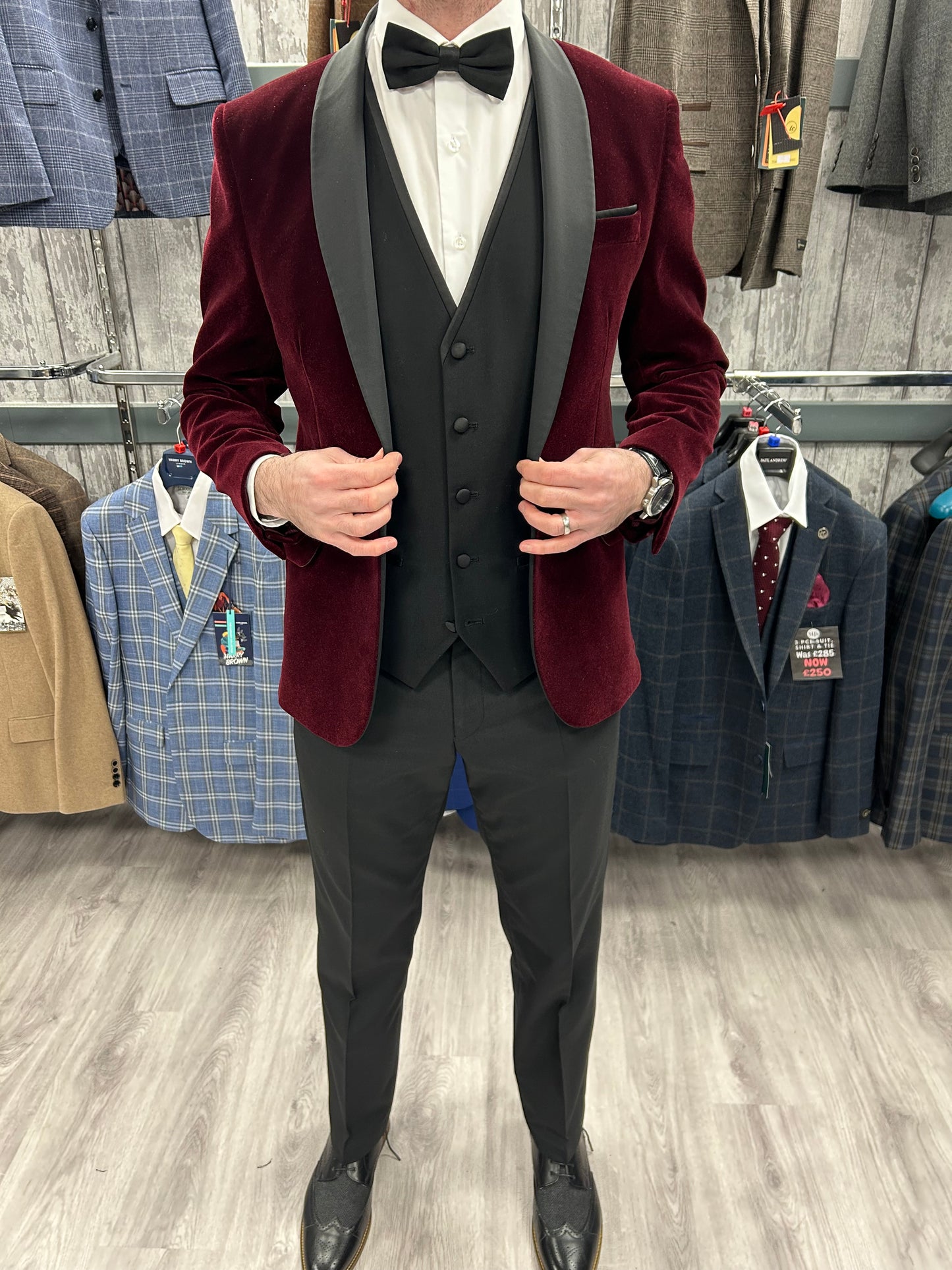 Wine velvet tuxedo suit with black trouser and waistcoat for hire
