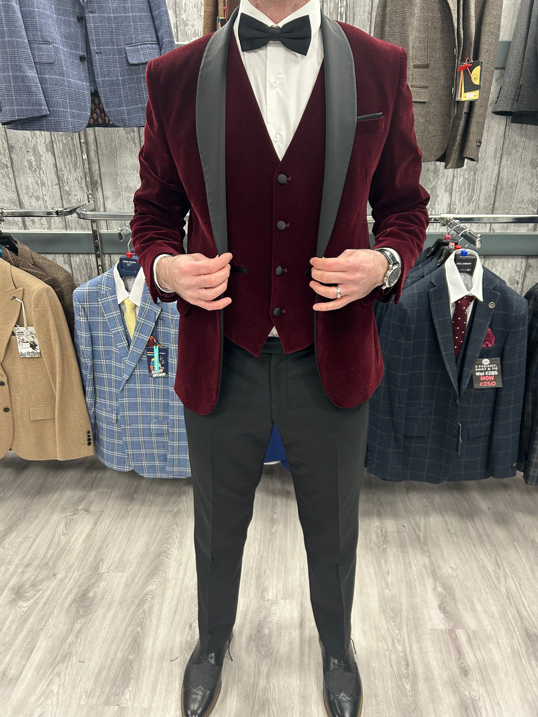 Wine velvet tuxedo 3 piece suit for hire