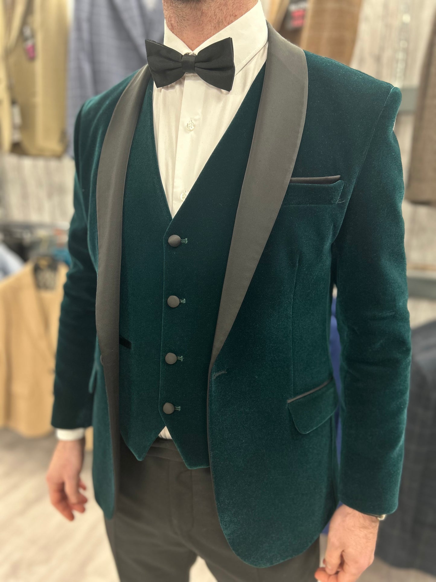 Green velvet tuxedo  3 piece suit for hire