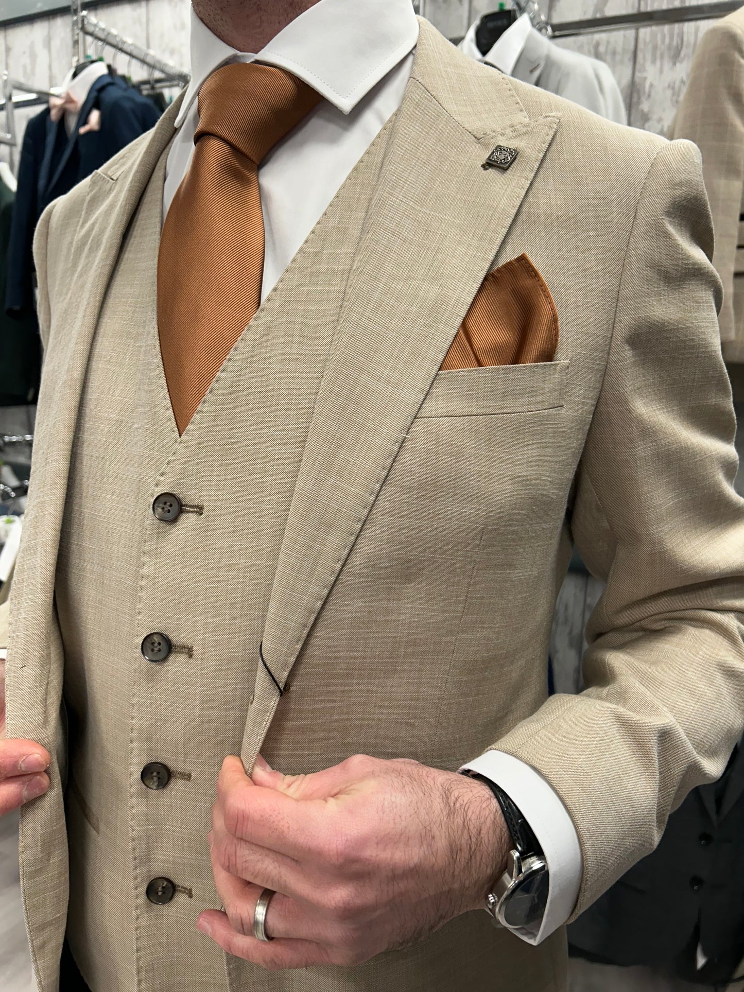 Kurt Beige 3 Piece Suit With Black Trouser