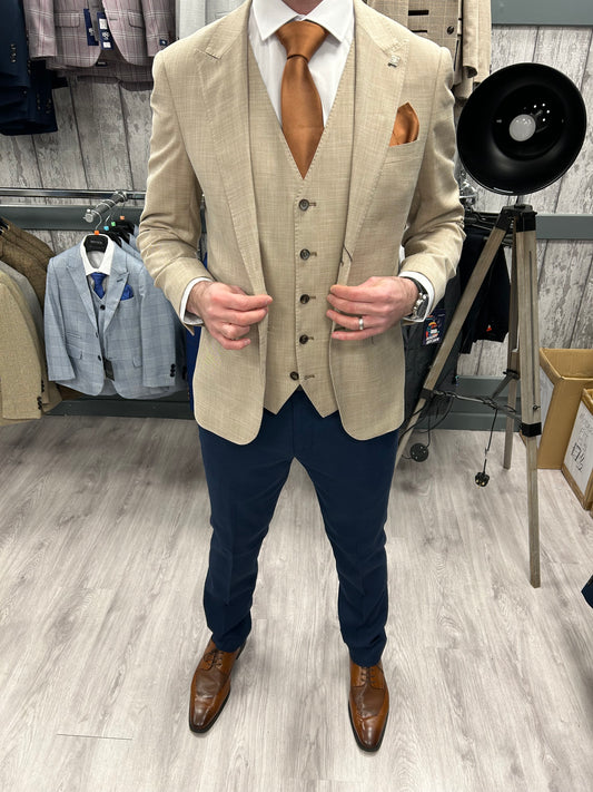 Kurt Beige 3 Piece Suit With Navy Trouser