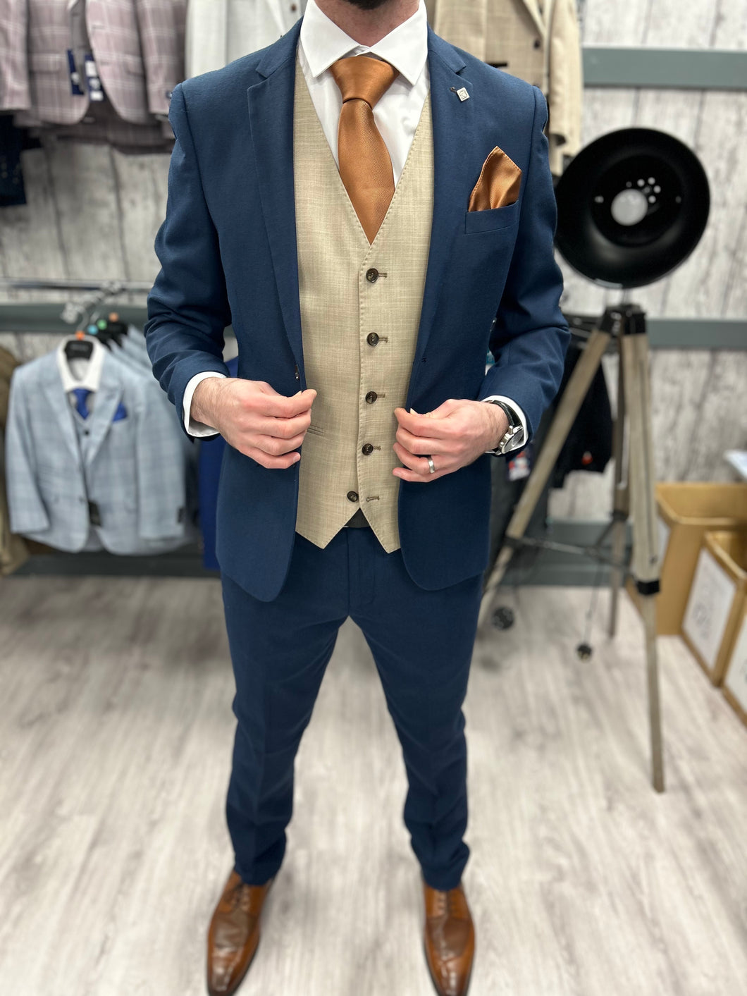 Calvin navy 2 piece with kurt beige waistcoat suit for hire