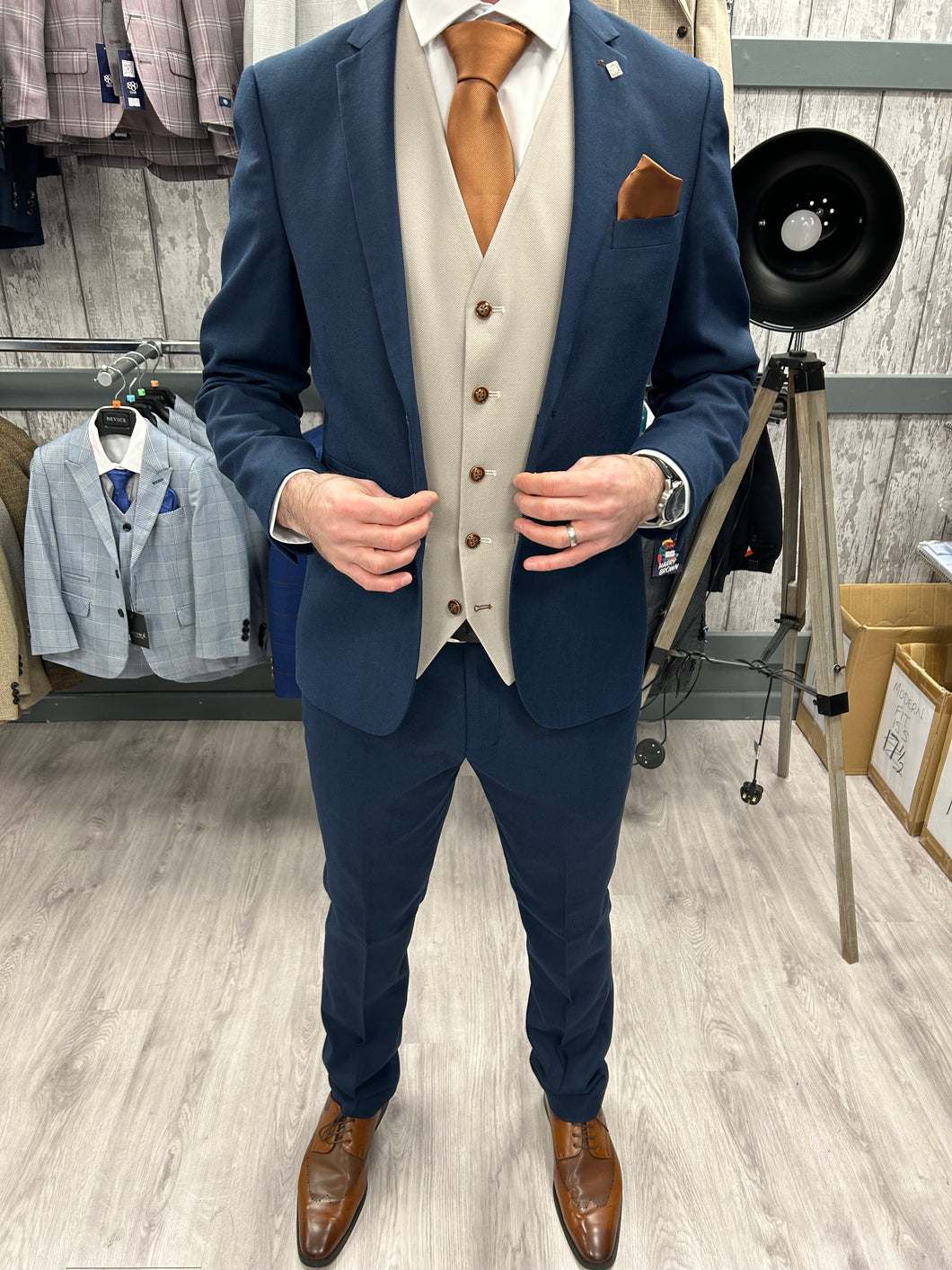 Calvin navy 2 piece with mayfair stone waistcoat suit for hire