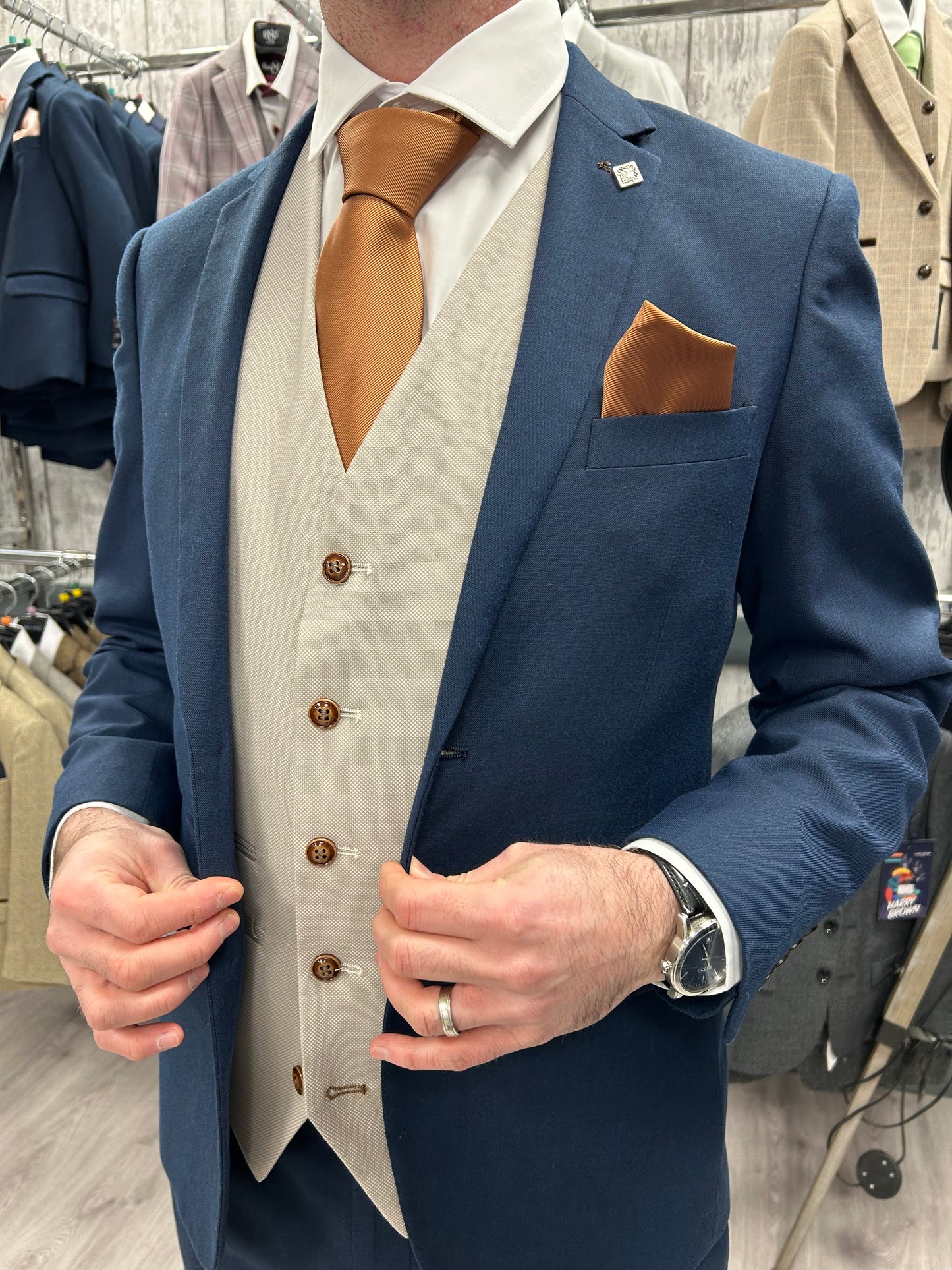 Calvin navy 2 piece with mayfair stone waistcoat suit for hire
