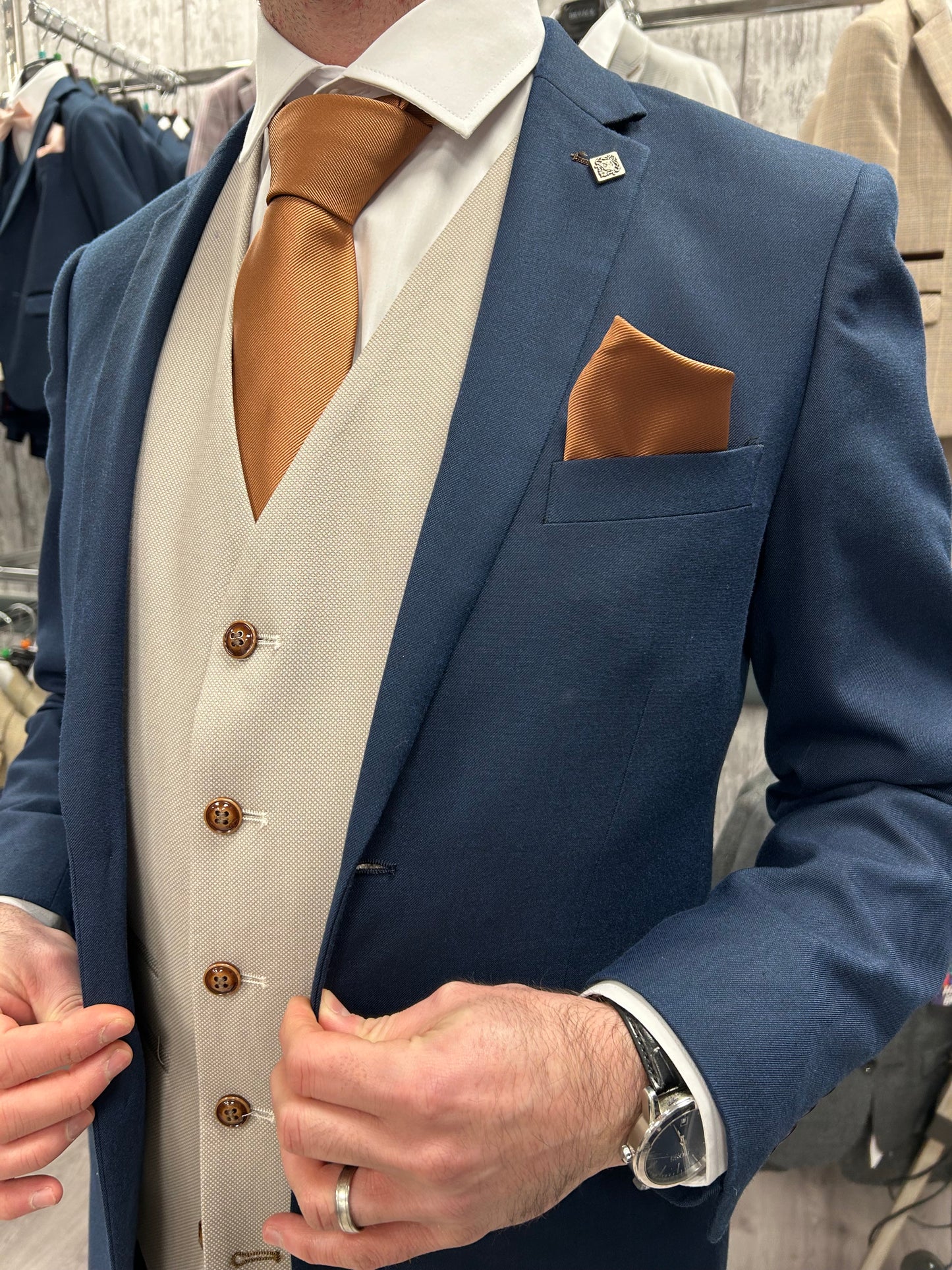 Calvin navy 2 piece with mayfair stone waistcoat suit for hire