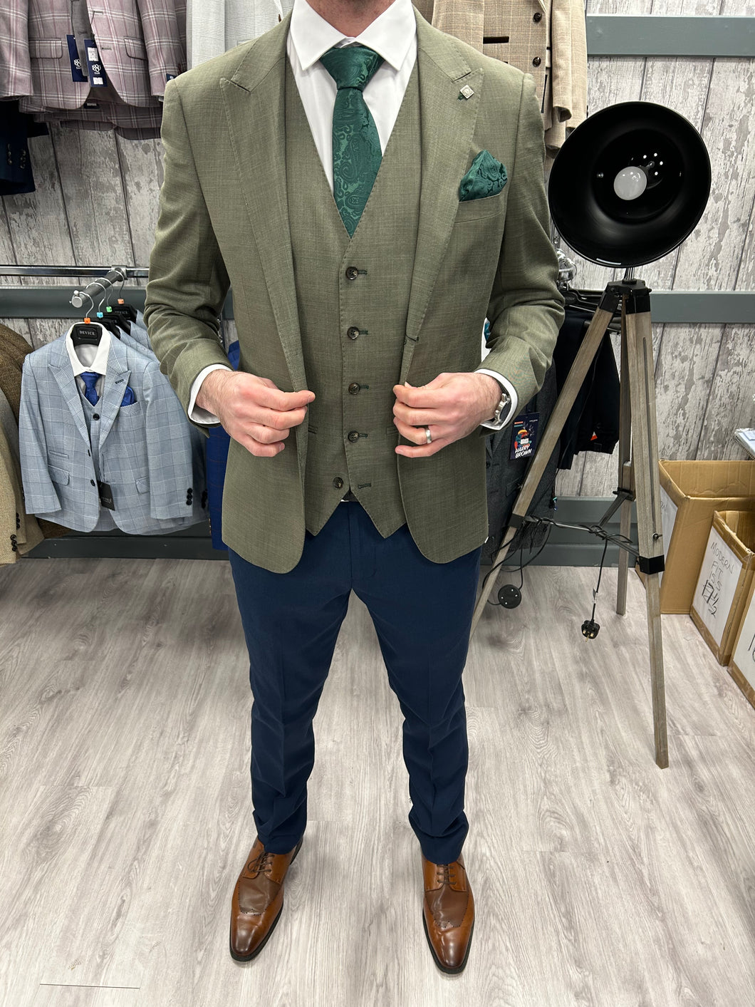 Sage Green Jacket & Waistcoat - Navy Trousers