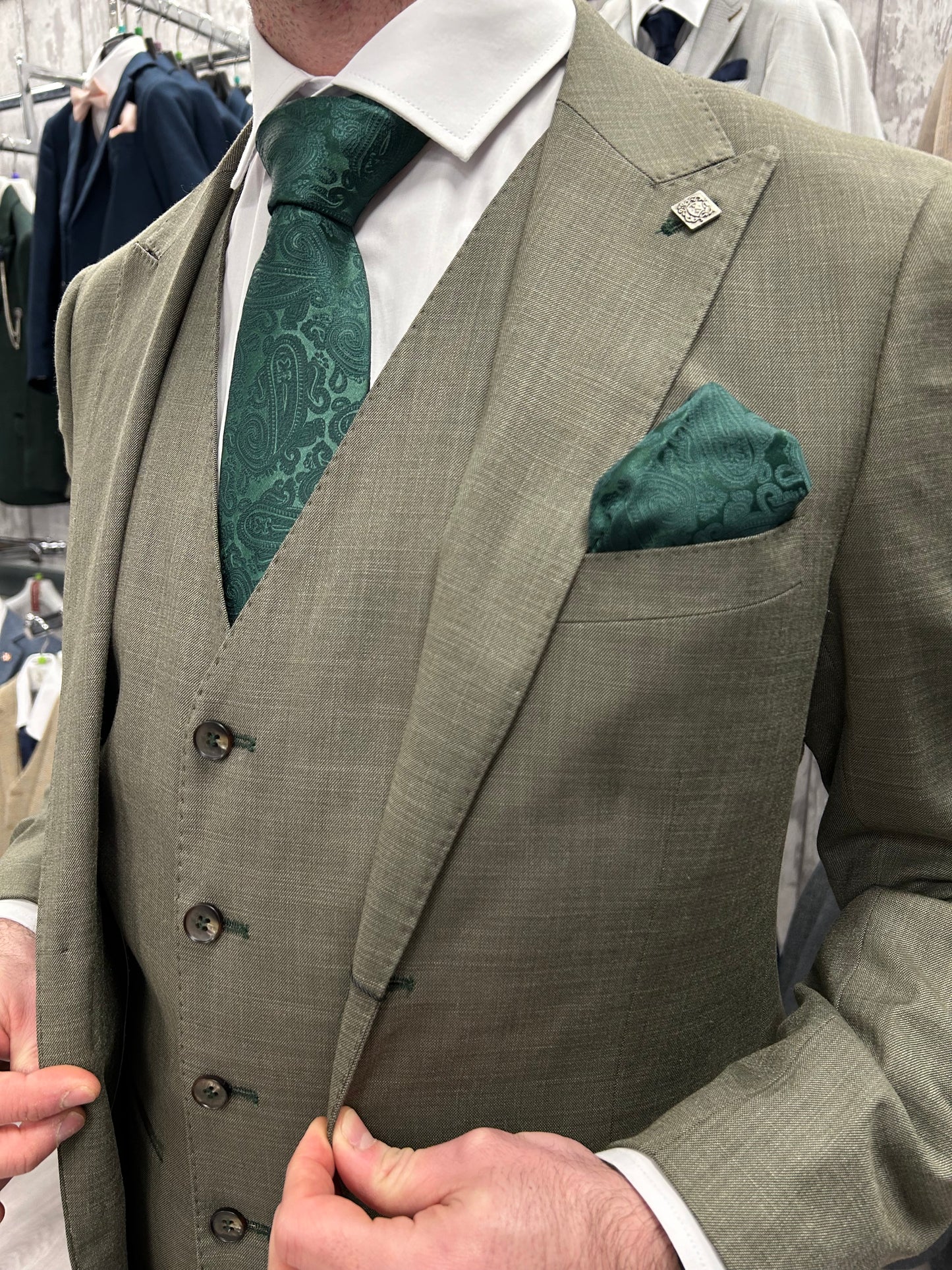 Sage Green Jacket & Waistcoat - Navy Trousers