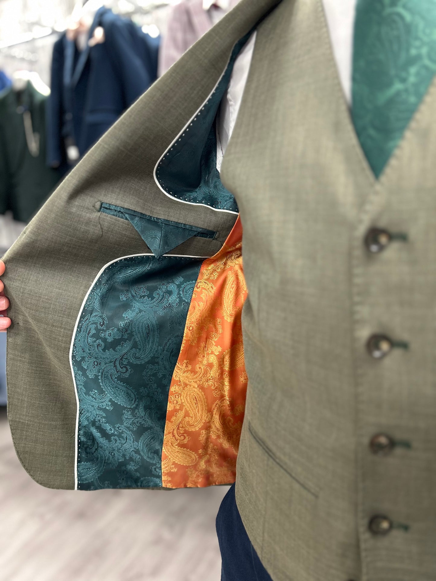 Sage Green Jacket & Waistcoat - Navy Trousers