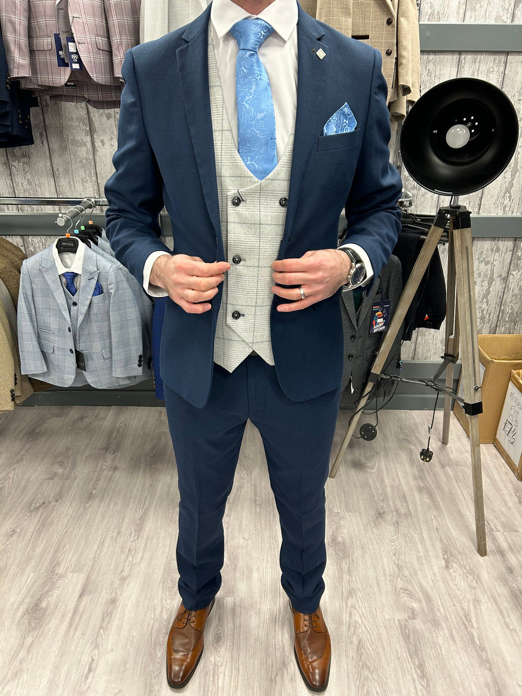 Calvin navy 2 piece with radika light grey waistcoat suit for hire