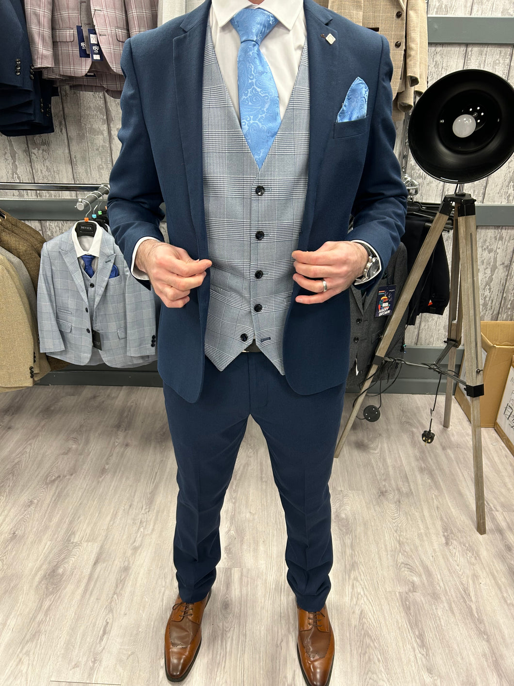 Calvin navy 2 piece with mark sky waistcoat suit for hire