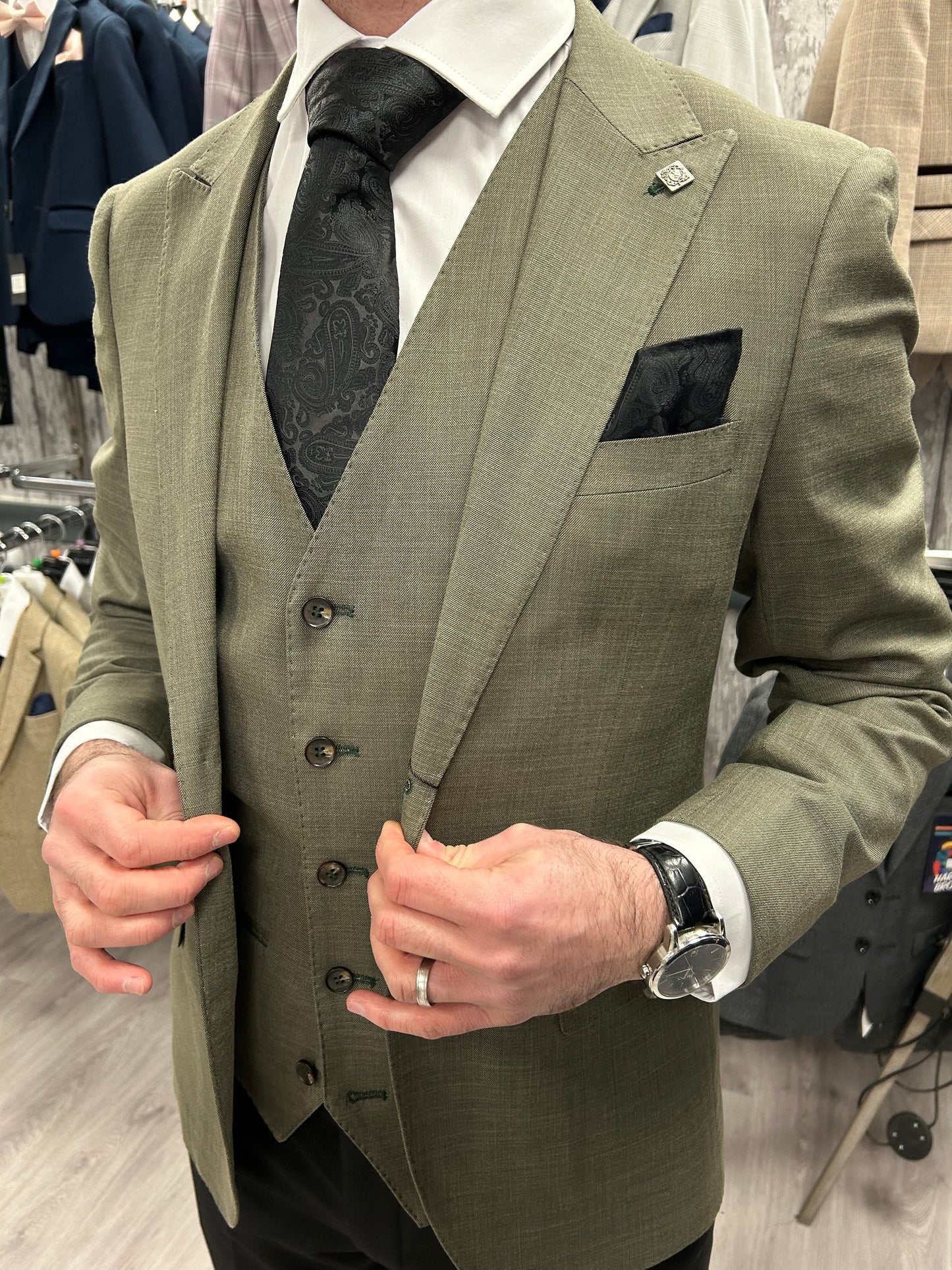 Sage Green Jacket & Waistcoat - Black Trousers