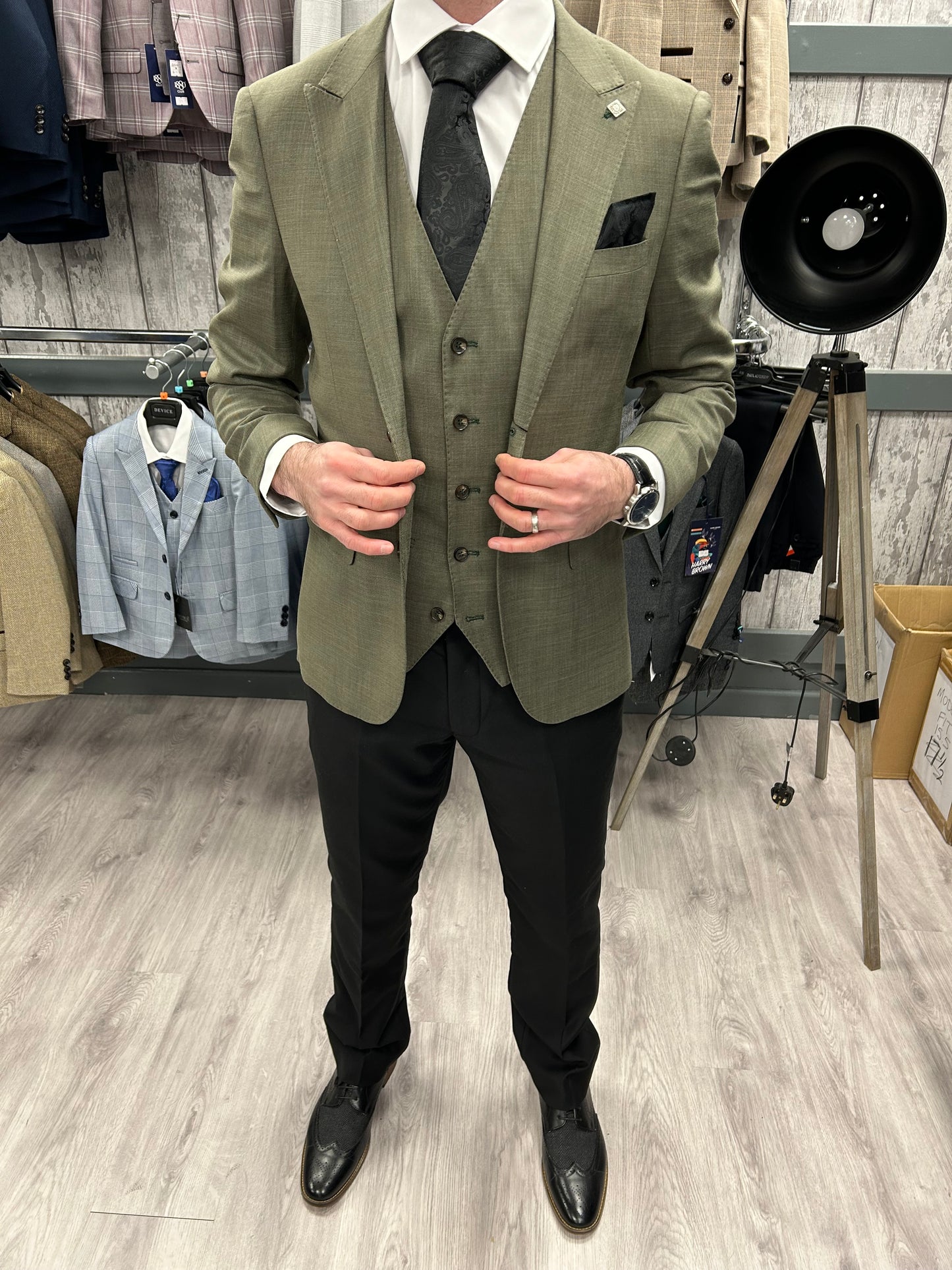 Sage Green Jacket & Waistcoat - Black Trousers