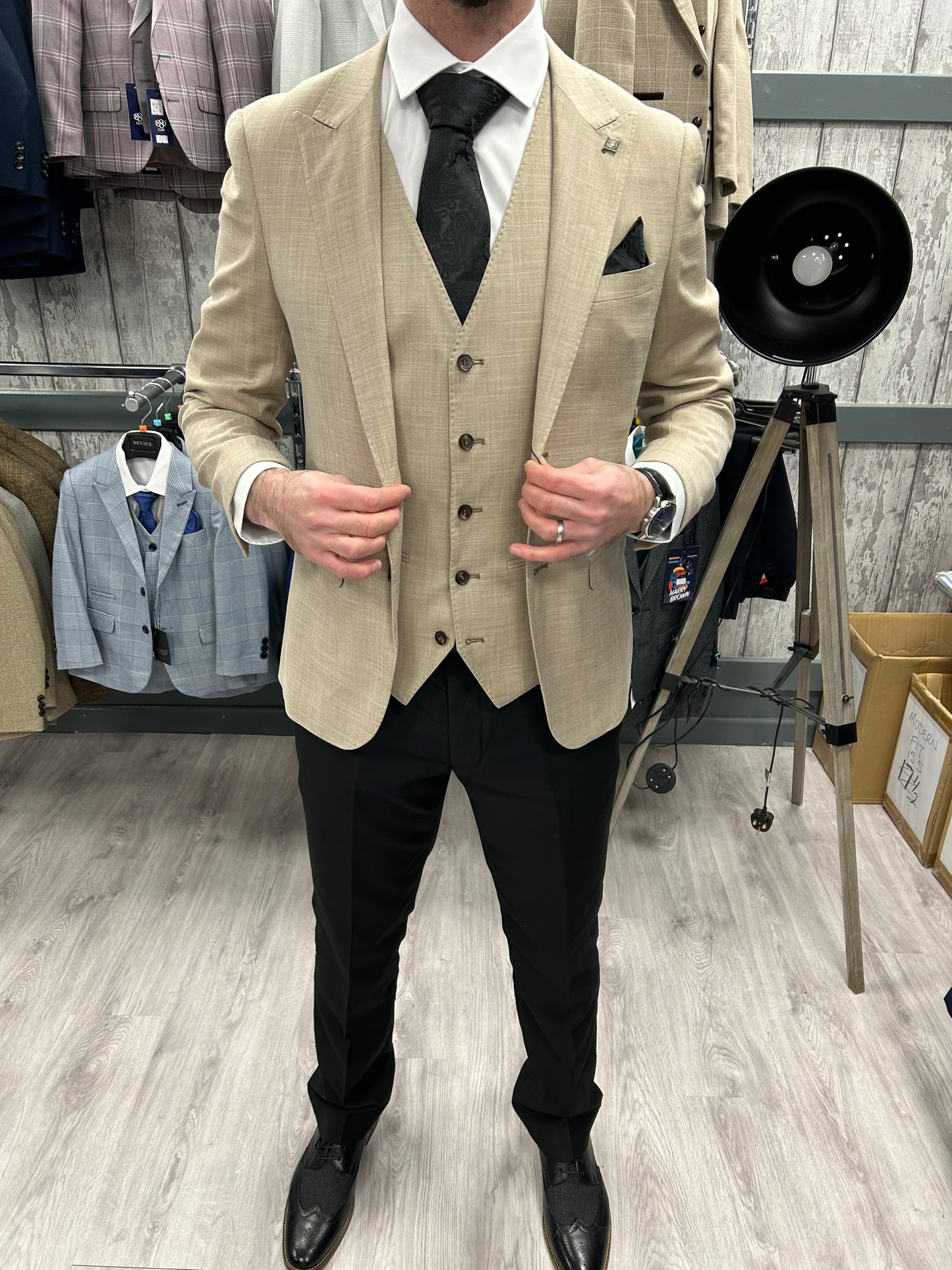 Kurt Beige 3 Piece Suit With Black Trouser