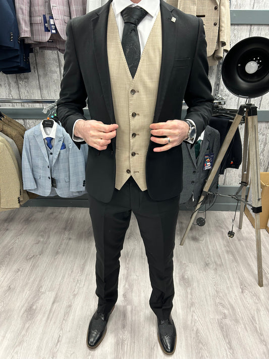 Parker black 2 piece with Kurt beige waistcoat suit for hire