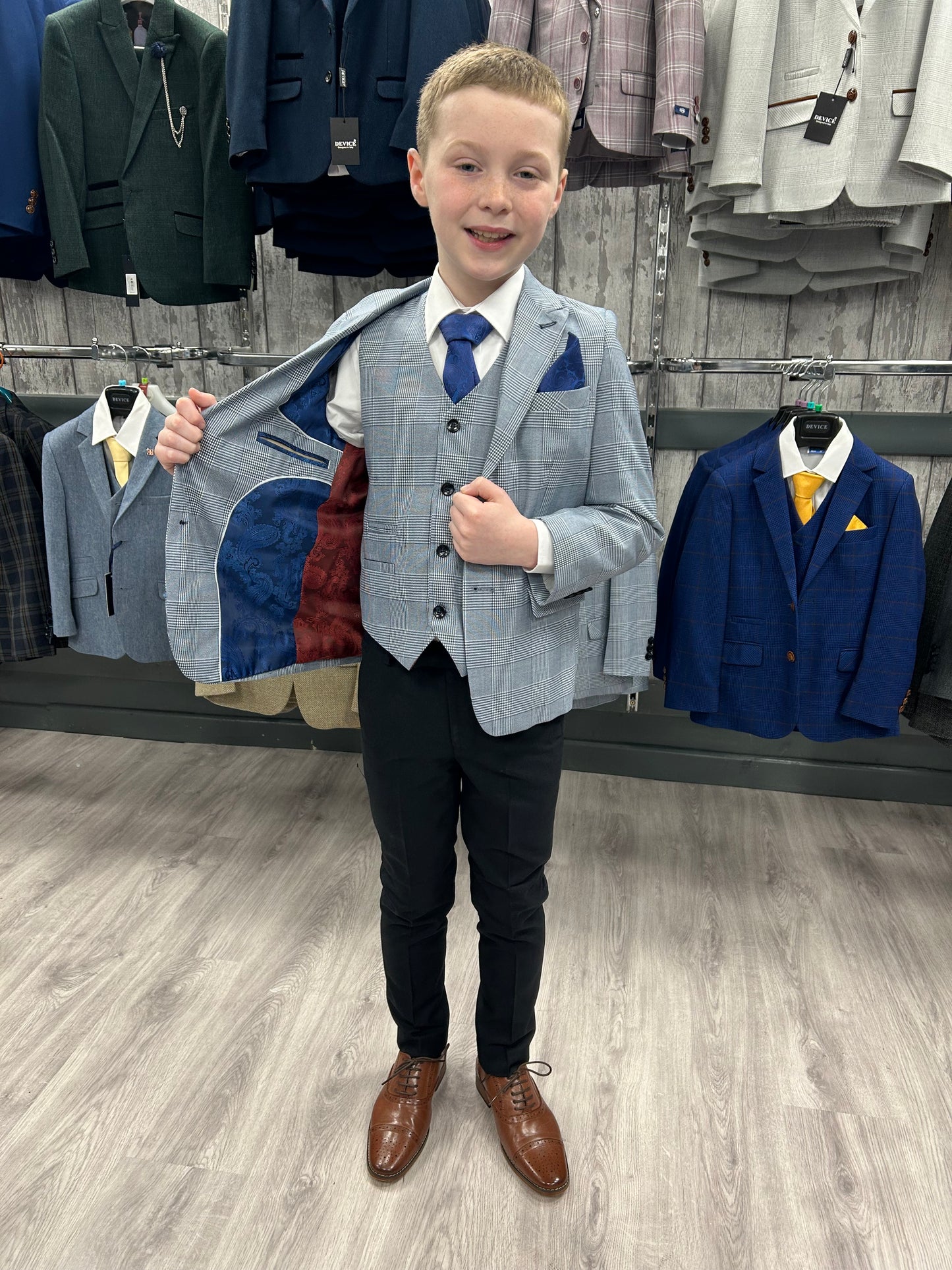 Boy's Mark Sky Blue 3 Piece Suit with navy trouser