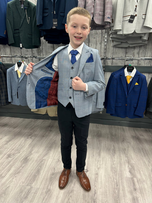 Boy's Mark Sky Blue 3 Piece Suit with navy trouser