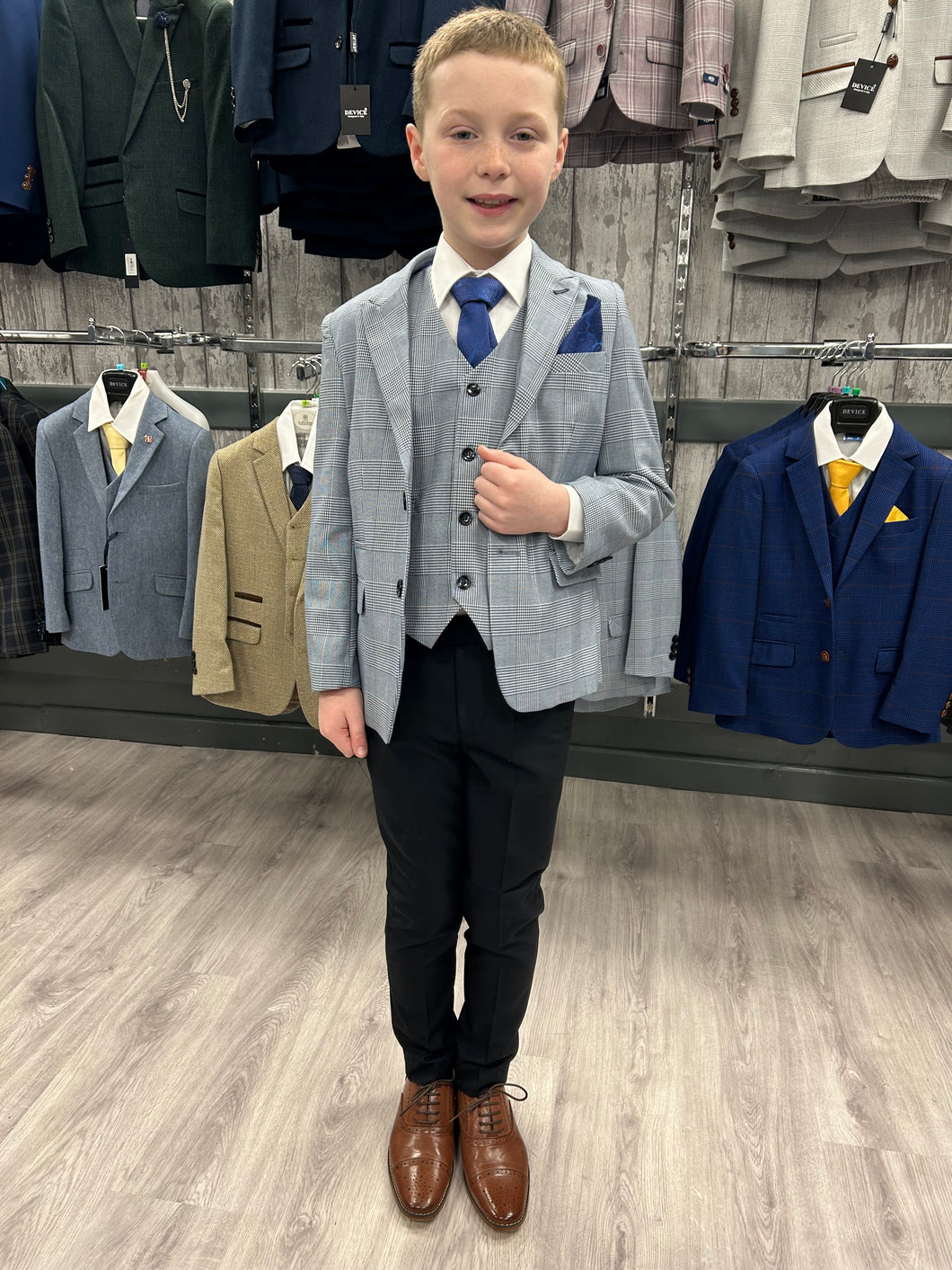 Boy's Mark Sky Blue 3 Piece Suit with navy trouser