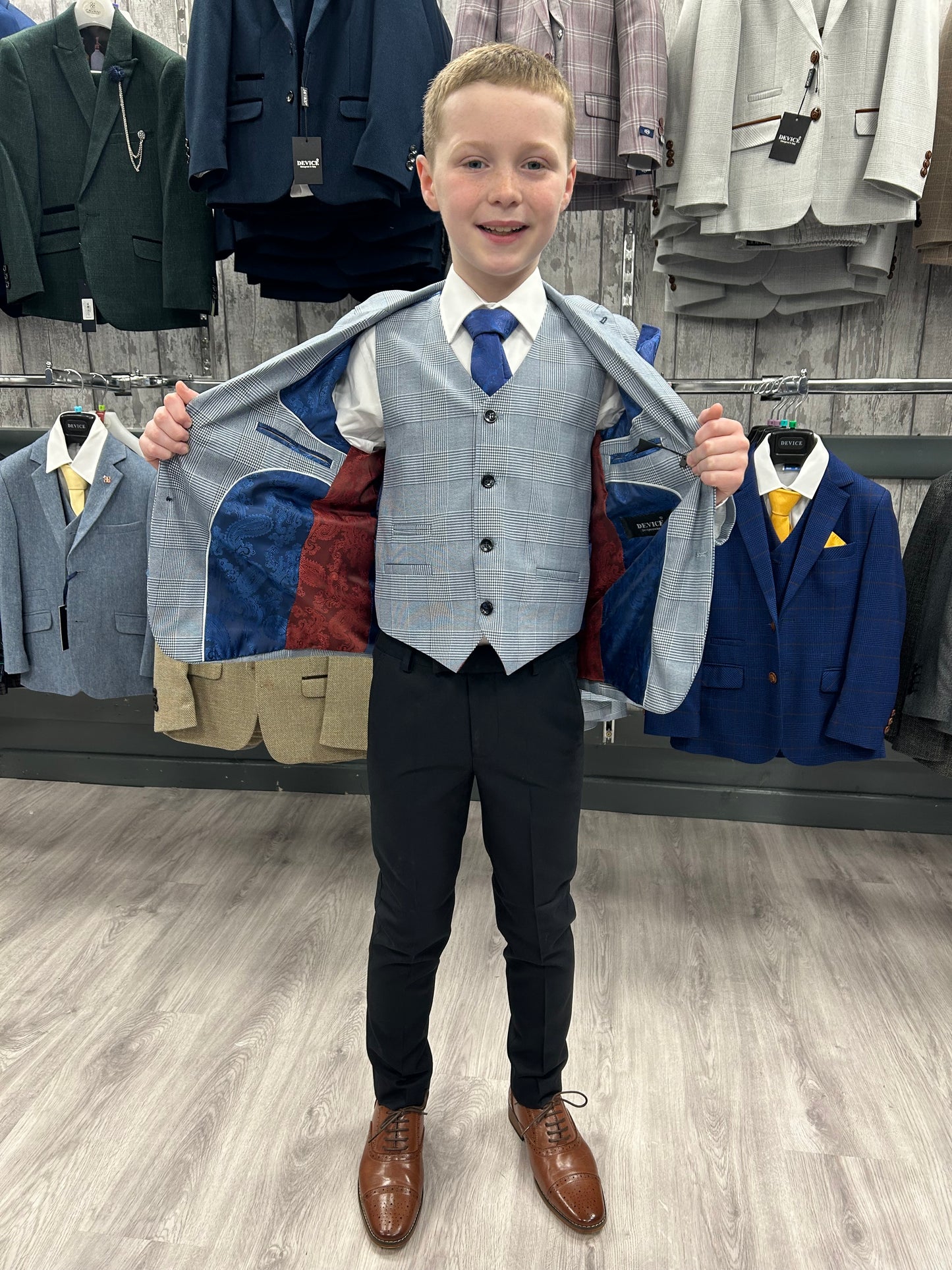 Boy's Mark Sky Blue 3 Piece Suit with navy trouser