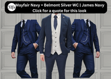 Load image into Gallery viewer, Mayfair Navy Jacket &amp; Trouser with Belmont Silver waistcoat + James Navy Wedding Quotation
