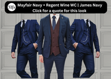Load image into Gallery viewer, Mayfair Navy Jacket &amp; Trouser with Regent Wine waistcoat + James Navy Wedding Quotation
