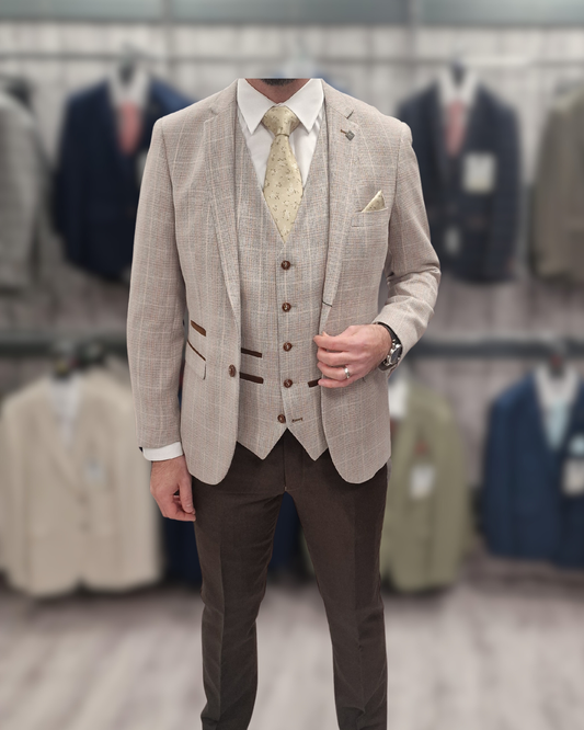 Leo Beige with brown trousers for hire