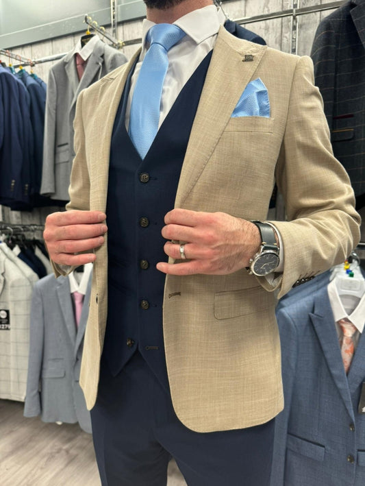 Leo Beige Suit Jacket  With Navy Trousers & Waistcoat