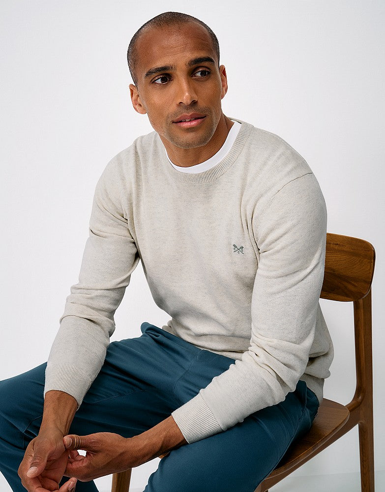 Cotton Crew Neck Jumper in White Marl
