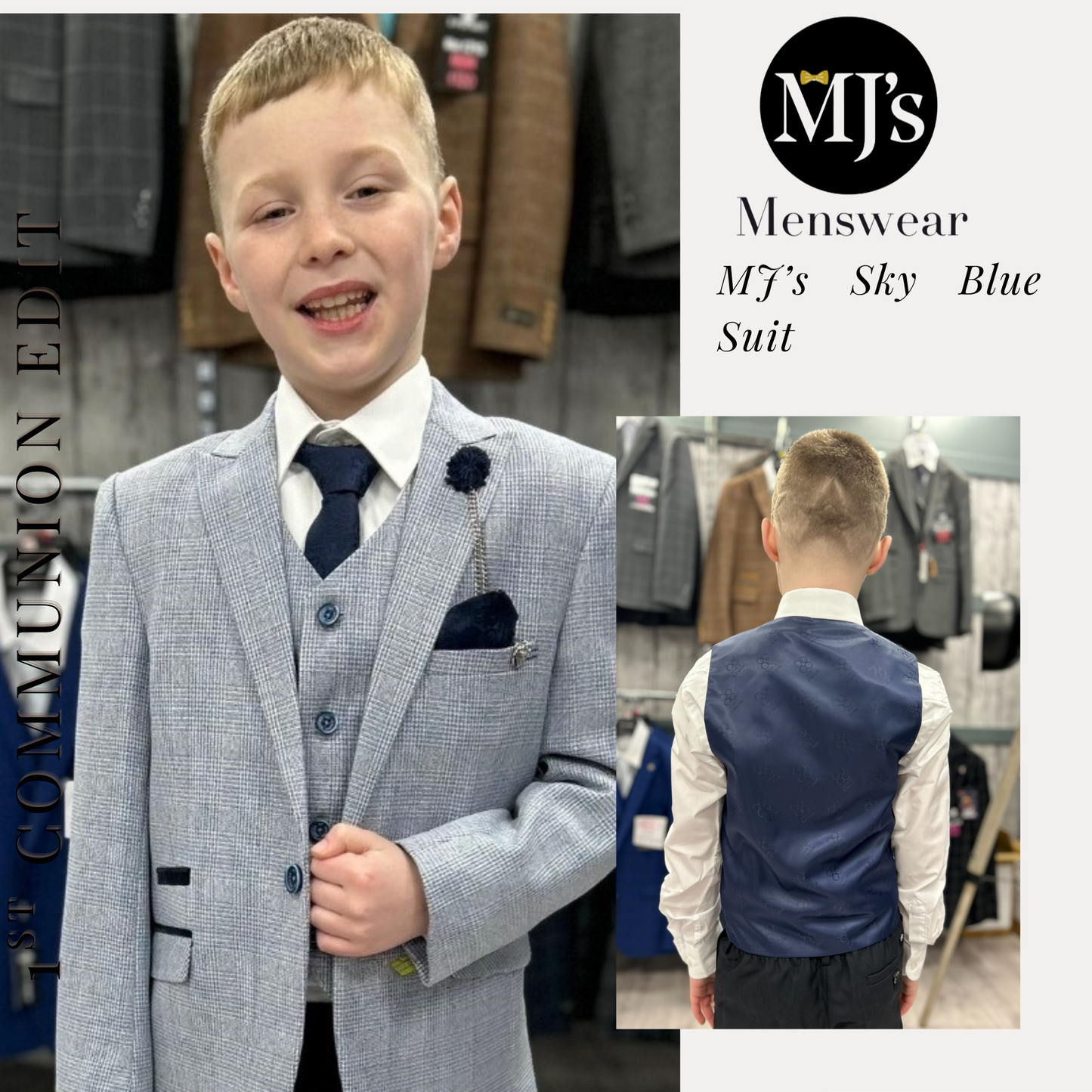 MJ's Boy's Sky Blue Micro Check 3 Piece Suit