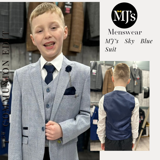 MJ's Boy's Sky Blue Micro Check 3 Piece Suit